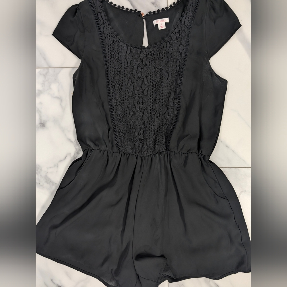 Black Lace Detail Romper With Gold Button In The Back